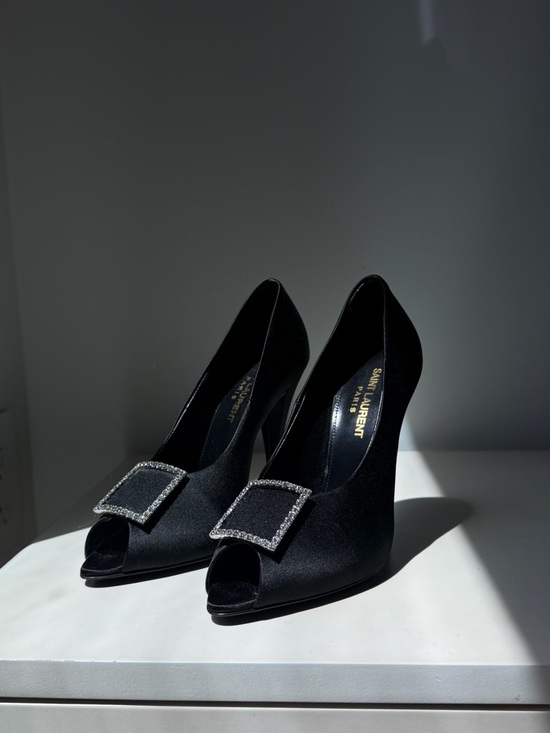 Saint Laurent Shoes - Saint Laurent Black Satin Peep-Toe Pumps with Crystal Buckle Accent